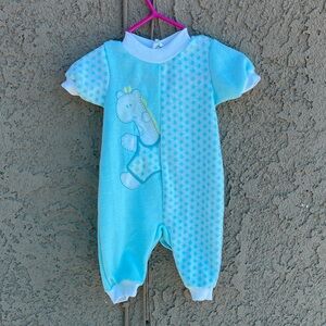 Vintage Baby Gro Adorable Blue Dinosaur Sleeper Romper Sz S 0/3M One Piece